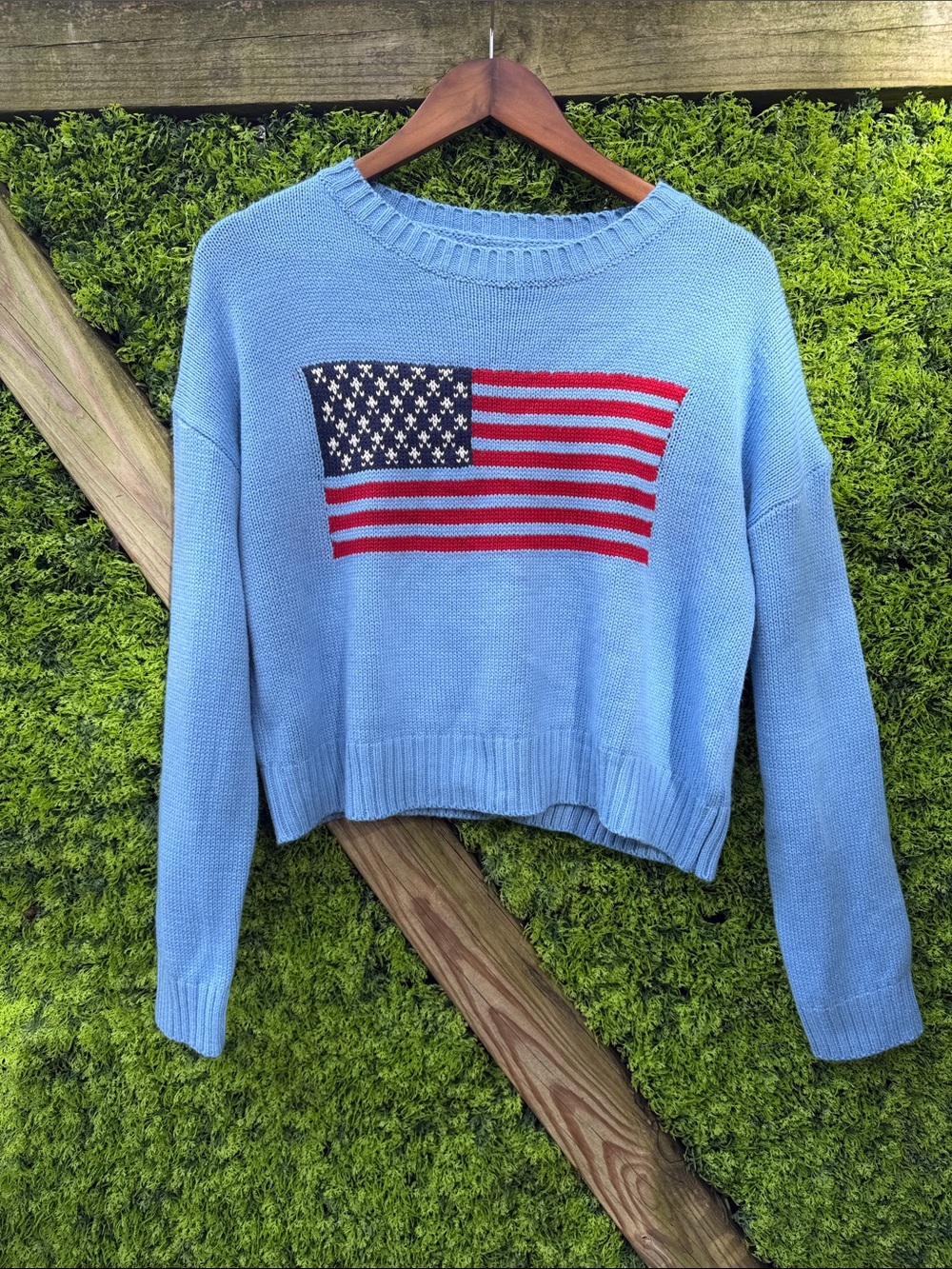 Light Blue American Flag Crewneck Sweater NWOT